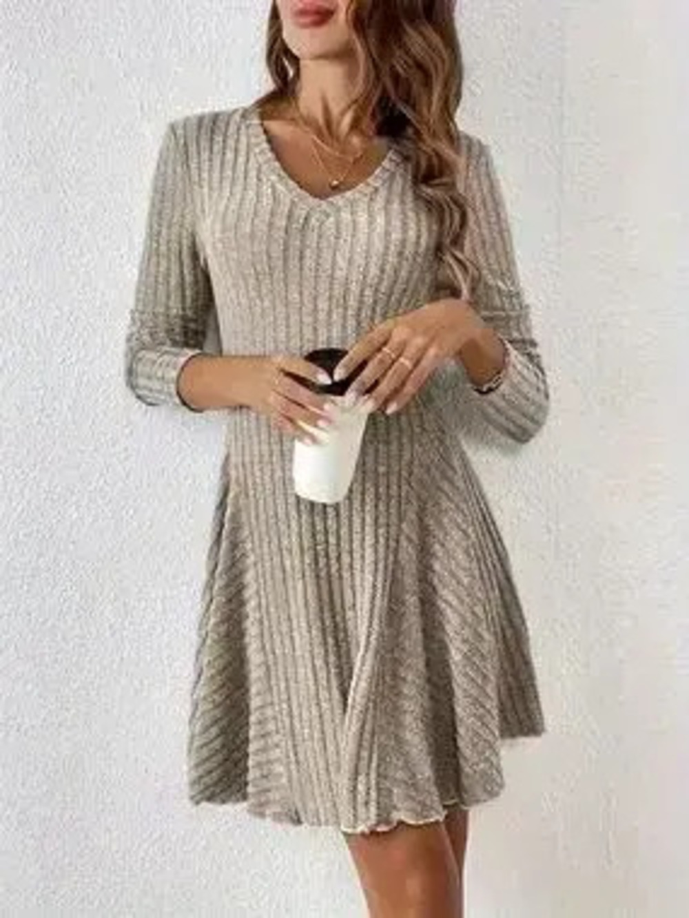 V-Neck Ribbed Knit Flared Knit Dress - Picture 4 of 9